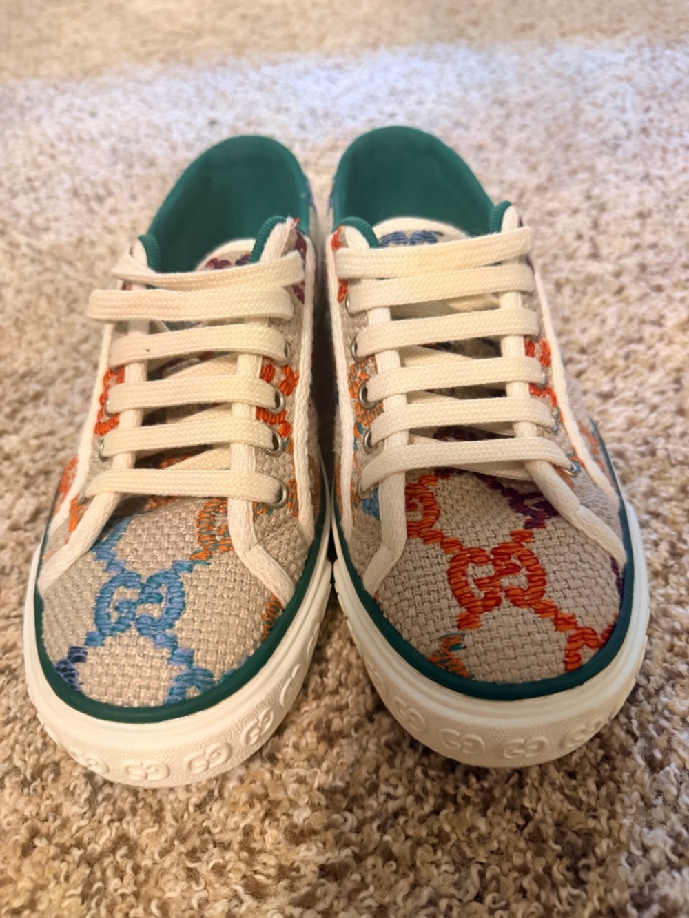 Gucci Womens Multicolor GG Canvas Tennis Sneakers with Green Stripe - Picture 2 of 6